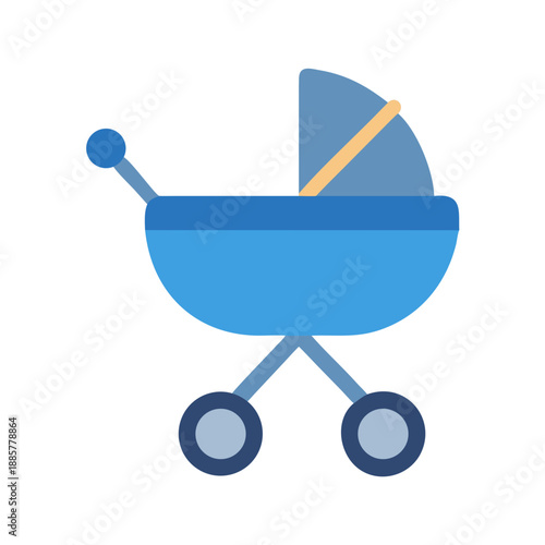 Flat vector illustration of blue baby stroller on a black background.