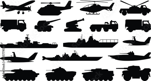 Cartoon military vehicle silhouette icon set with aircraft, tanks, ships, submarines, drones, and armored ground units.
