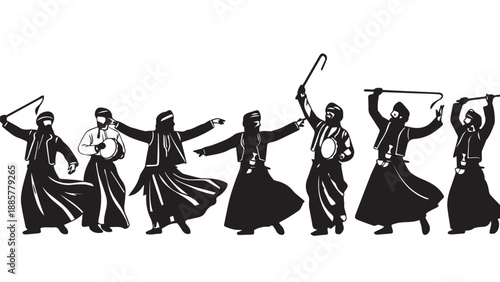 Silhouetted dancers perform a traditional celebration in a line, showcasing cultural movement and rhythm.