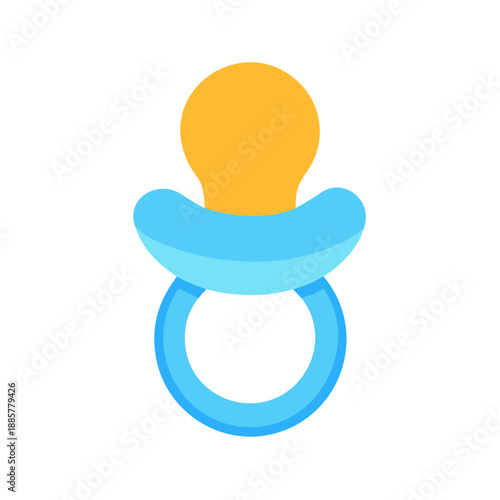 Baby pacifier with blue ring and yellow nipple on black background.