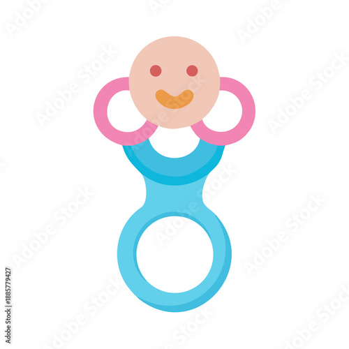 Flat vector illustration of a baby rattle toy with face and rings