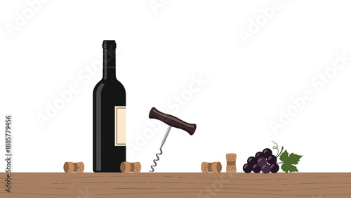 Elegant still life composition featuring a red wine bottle, corkscrew, corks, and a bunch of grapes on a wooden surface.