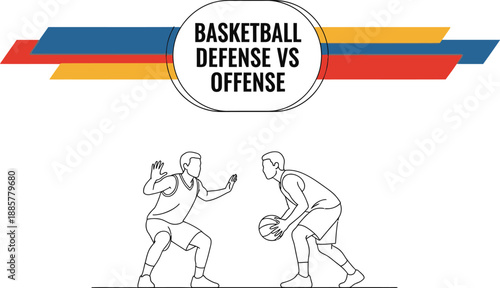 Black outline vector of basketball defender guarding the offensive player