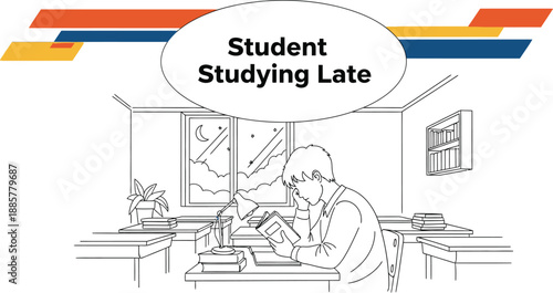 Black outline vector of student diligently studying late at night for exams