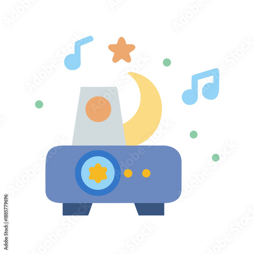 Star projector illustration with music notes moon and dots on dark background