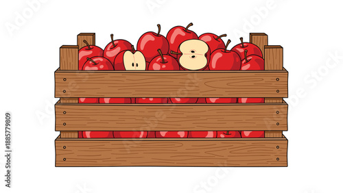 Rustic wooden crate generously filled with an abundance of crisp red apples, some whole and some halved for visual appeal.