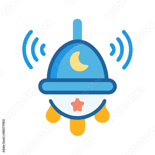 Cartoon baby monitor emits signal with moon and star design in blue and yellow