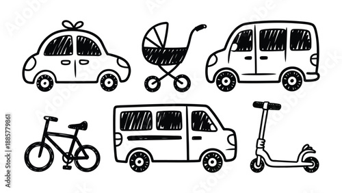 Doodle transportation set: A whimsical collection of transportation doodles, perfect for adding a touch of playful charm to your creative projects.  Featuring a car, baby carriage, van.