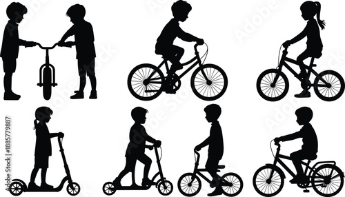 Cartoon silhouette icon set of children riding bicycles and scooters in playful outdoor poses and interactive scenes.