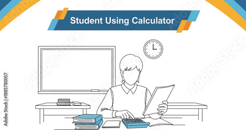 Black outline vector of student solving mathematics assignment using calculator