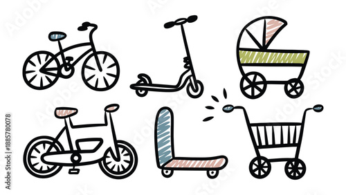 City Transportation Icons: A vibrant collection of hand-drawn icons representing various modes of urban transportation, perfect for illustrating mobility concepts and travel themes.