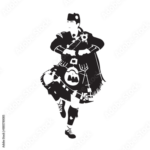 Silhouette of a Scottish bagpiper walking and playing bagpipes with traditional attire.
