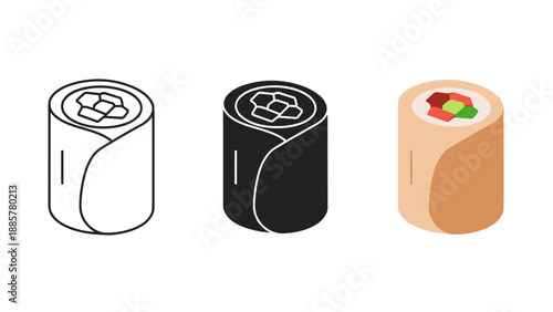 Three stylized sushi rolls with varying designs and fillings on white background minimalist