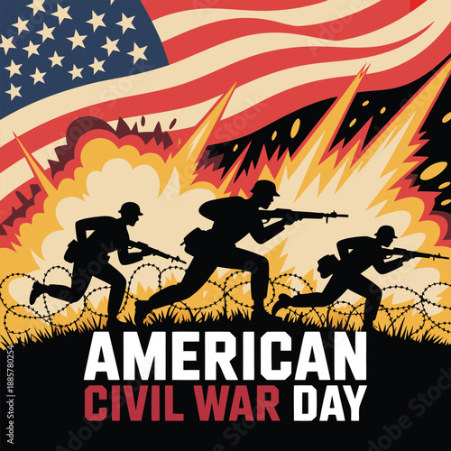 American Civil War Concept. Military silhouettes fighting scene on war fog sky background. Attack scene.