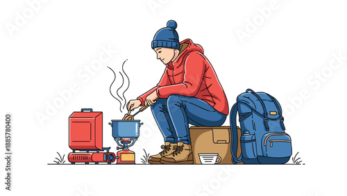 Line art illustration of a young person in winter clothing camping alone and cooking a meal on a portable gas stove outdoors.