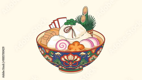 Elaborate bowl of ozoni, a traditional Japanese New Year's soup with mochi rice cakes and various festive ingredients.
