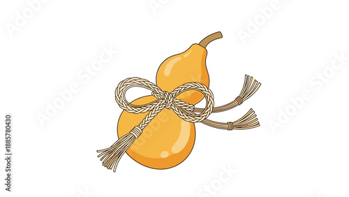 Illustration of a dried gourd, or hyotan, a traditional Japanese lucky charm, tied with an intricate decorative rope knot.