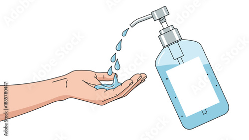 Illustration demonstrating proper hand hygiene, with liquid sanitizer being dispensed from a pump bottle into a person's palm.