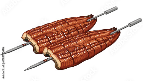 Two realistic skewers of grilled Japanese eel, or unagi kabayaki, glazed with a sweet soy sauce and ready for serving.