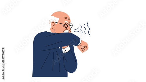Illustration showing proper cough and sneeze etiquette, with an elderly man correctly covering his mouth with his elbow.