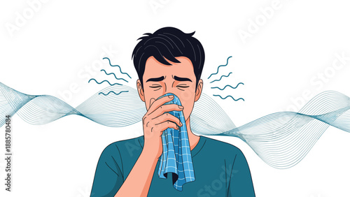 Illustration of a young man with allergies or a cold, sneezing or blowing his nose into a blue handkerchief for relief.