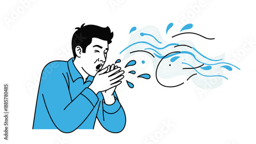 Stylized illustration of a man sneezing into his hands, spreading droplets and germs, demonstrating improper sneeze etiquette.