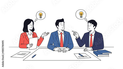 Business team of three professionals engaged in a productive meeting, sharing ideas represented by lightbulbs in thought bubbles.