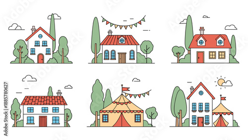 Set of six charming European-style houses and circus tents illustrated in a clean, minimalist line art and color style.