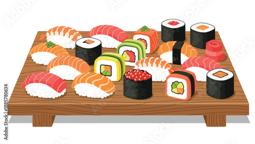Large assortment of various sushi and sashimi types arranged neatly on a traditional wooden geta serving platter for display.