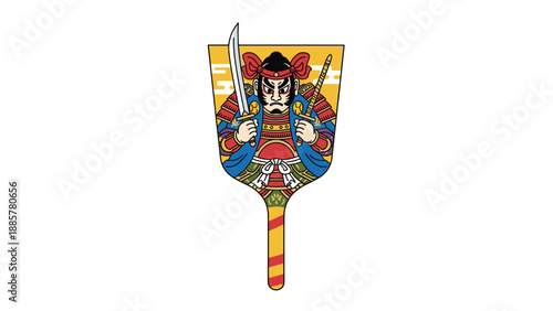 Illustration of a traditional Japanese hagoita paddle, intricately decorated with a colorful depiction of a fierce samurai warrior.