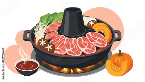 Illustration of a Japanese Jingisukan, a grilled mutton hot pot dish with vegetables cooked on a convex metal skillet.