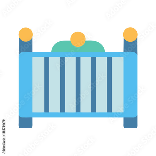 Simple baby crib illustration with rounded edges, blue and yellow colors on black background