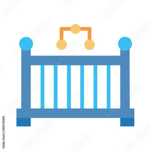 Illustration of a blue baby crib with a mobile against a black background