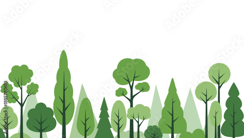 Simple, modern, and stylized seamless border of green trees and forest elements in various shapes and shades of green.