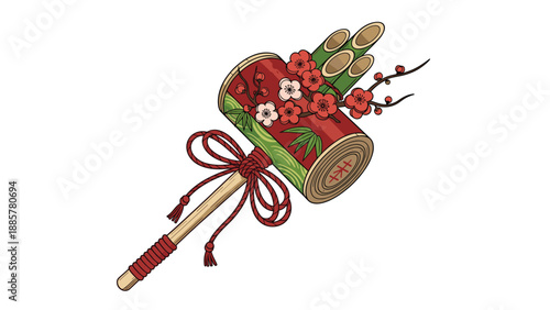 Illustration of a Japanese uchide no kozuchi, a lucky magic hammer, decorated with bamboo, plum blossoms, and red rope.
