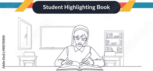 Black outline vector of female student highlighting important text in book