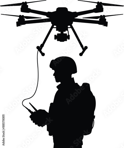 Cartoon silhouette of person operating multi-rotor drone with helmet, backpack, and wired remote control for tactical deployment.