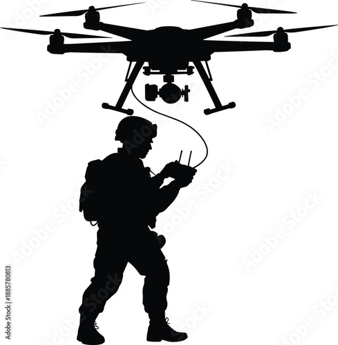 Cartoon silhouette of soldier operating surveillance drone with remote control, showcasing modern military technology and UAV deployment.
