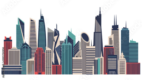 Stylized and geometric city skyline with a diverse array of modern skyscrapers and buildings in a retro color palette.