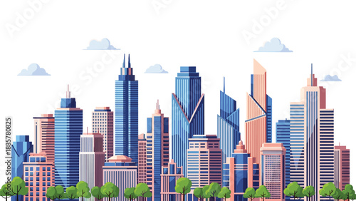 Bright and colorful modern city skyline with a variety of skyscrapers and buildings, fronted by a line of green trees.