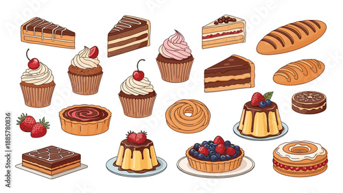 Large collection of various delicious hand-drawn bakery items, including cakes, cupcakes, tarts, puddings, and bread loaves.