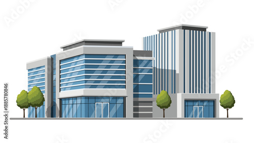 Clean vector illustration of a modern multi-story office building complex with large glass windows and green trees on a white background.