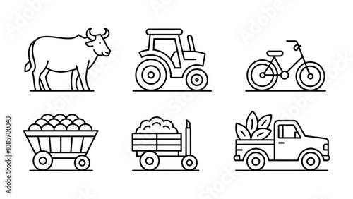 Farm Elements Line Art: A collection of simple line art icons represents the core components of agricultural life, including a cow, tractor, bicycle, farm cart, hand truck, and pickup truck.