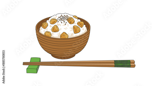 Simple and appealing illustration of a traditional Japanese meal with a wooden bowl of rice and toppings, next to chopsticks on a green rest.