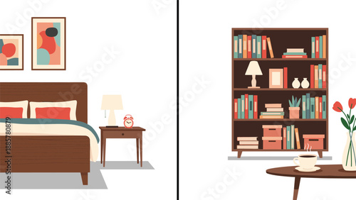 Cozy home interior scenes featuring a well-appointed bedroom and a comfortable living room with a bookshelf, coffee table, and plants.