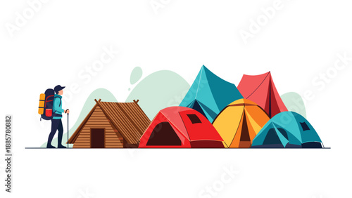 Vector illustration of a scenic campsite with a hiker, a wooden cabin, and a variety of colorful tents set against a mountain backdrop.