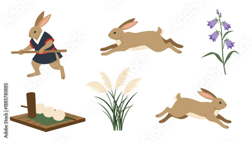 Charming Japanese illustration set for the Tsukimi moon viewing festival, featuring rabbits, mochi, dango, pampas grass, and bellflowers.