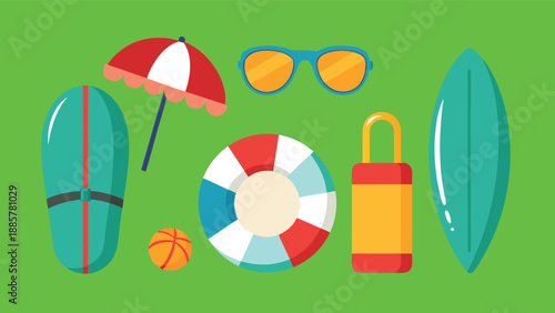Summer vector element set. Summer beach elements floater, surfboard, beach ball.