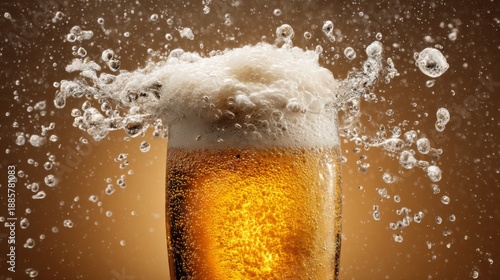 Golden beer glass overflowing with froth and bubbles against a warm background, capturing the essence of refreshing beverages and joyful moments.