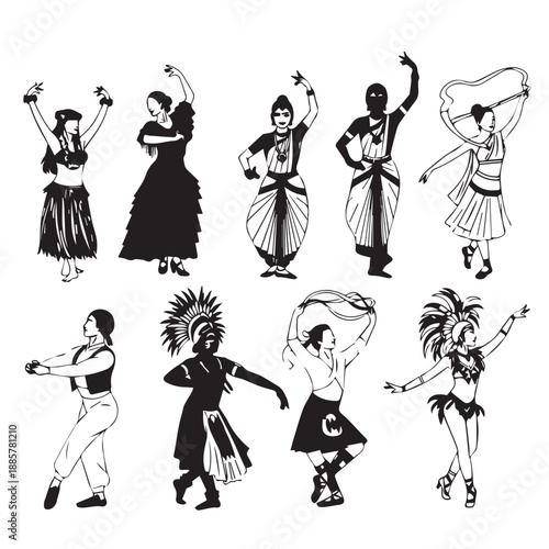 Silhouettes of diverse dancers performing traditional and contemporary dances in energetic poses.